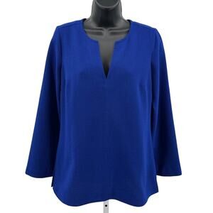 J.Crew Blouse WMNS Blue Long Sleeve Split Neck Pullover Side Slit Stretch Casual